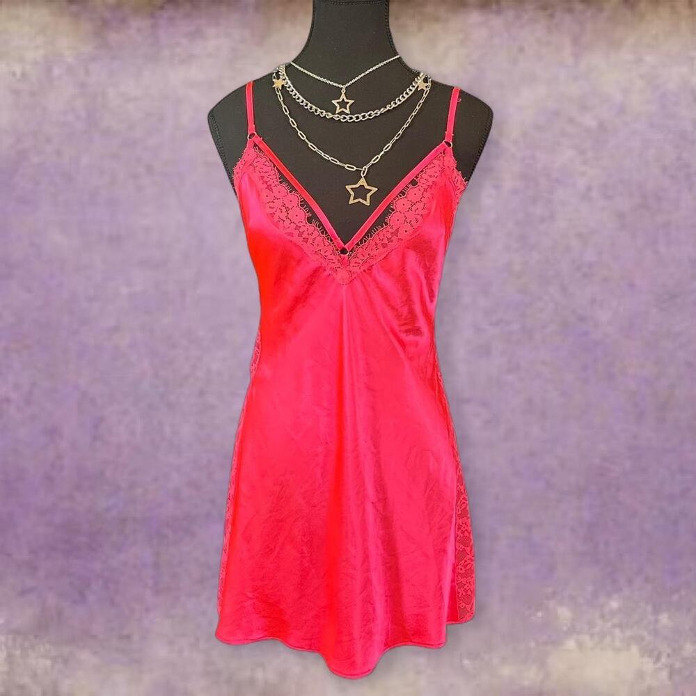 Victoria's Secret Hot Pink Satin Lace Trim Slip Dress